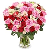Blumenstrauß Rosenwunder, Rosen und Inkalilien, Rot und Rosa, 7-Tage-Frischegarantie, Qualität vom Floristen, handgebunden, perfekte Geschenkidee bestellen