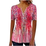 Damen Henley Shirt 2024 Komfortabel Baumwolle T-Shirt Damen V-Ausschnitt Tunika Tops Knöpfe Bluse Kurzarm Sommer Oberteile Blumen Bluse Longshirt Elegant Falten Tunika
