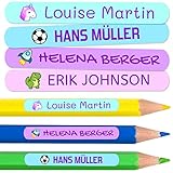 50 personalisierte Namensaufkleber zum Markieren von Bleistiften, Markern, Kugelschreibern. Farbige Etiketten für Kinder in Schule und Kindergarten, wasserfest. Größe 4,6 x 0,6 cm.