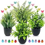 4 Stück Kunstpflanze mit Topf, Kleine Kunstpflanzen in Schwarzen Töpfen, Mit Dekorativen Bunten Schmetterlingen Käfern, Künstliche Pflanzen für Schlafzimmer Büro Haus Wohnzimmer Balkon Badezimmer