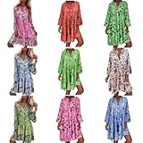 Damen Kleider Strandkleid Boho Tunika Sommerkleid V-Ausschnitt Blumenkleid Lose A-Linie 3/4-Arm Tunika Mini Kleider