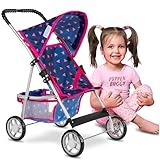 Kinderplay Puppenwagen Buggy – Leicht & stabil aus Aluminium – Für Kinder ab 3 Jahren, für Puppen bis 40 cm – Klappbar mit Verdeck, Anschnallgurt & Korb – 41 x 33 x 56 cm