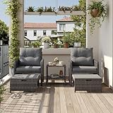 Amopatio 5-teiliges Polyrattan Gartenmöbel Set, Rattan Lounge Set mit 2 Hockern und Glastisch, Wetterfestes Garten Sofa Set mit Sitzkissen für Garten, Terrasse, Balkon, Grau