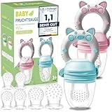 Fruchtsauger Baby, 2 Stück Obstschnuller für Babys ab 3 Monate, 2023 Upgrade Version, Schnuller Zum Befüllen, Breisauger, Obst Schnuller Baby, BPA frei, 8 Silikon Sauger in 3 Größen