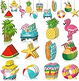 Sommer Holz Hängende Ornamente, 36pcs Baumschmuck Sommer, Hängedeko Holz Sommer, Strand Deko Hawaii, Hawaii Deko Holz, mit Seil, Perfekt für Sommerliche Hawaii-Tropenpartys(Tropen)