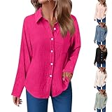 Musselin Bluse Damen Oversized, Leinenbluse Damen Langarm Leinenhemd Mit Taschen Revers Longshirt Longshirt Baumwole Langarmshirt Button-Down Hemd Locker Tuniken Hemdbluse V-Ausschnitt Damenshirts