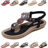 QJJQ Sandalen Damen Sommer Elegant Bequem Flip Flops Bohemian Flach Freizeit Zehentrenner mit Strass, Schwarz, 38 EU