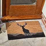 Garden Mile® Fußmatte Hirsch schottische Highlands, rutschfest, für Eingangsbereich, Flur, natürliche Kokosfaser, für drinnen und draußen, leicht zu reinigen, 75 x 45 cm