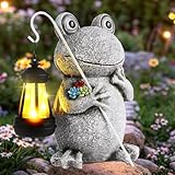JJALIGHTS Solar Frosch Gartenfiguren mit Laterne – Frosch Gartendeko Statue Wetterfest Solar Frosch Gartendekoration für Draußen Balkon Terrassen Geschenke für Frauen Männer Mama Geburtstag 23CM