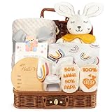 Baby Geschenkset, Neugeborenen Geschenk, Baby Geschenk Mädchen und Junge - mit Geschenkkorb, Decke, Lätzchen, Beruhigungstuch, Socken, Holz-Beißring, Meilensteinkarten (Weiß)