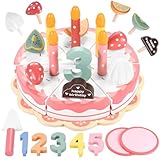 GAGAKU Geburtstagskuchen Kinderküche Zubehör 30-teiliges Holz Spielküche Kinder Kuchen Küchenspielzeug Puppenküche Kaufladen Kaufmannsladen Zubehör für Kinder ab 3 Jahre - Rose Erdbeerkuchen