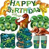 Dino Geburtstag Deko Set,80 Stück Dinosaurier Partygeschirr mit Große Dino Folienballon Partyzubehörset,Dinosaurier Pappteller Tassen Servietten banner Luftballon Jura Party Deko 20 Gäste