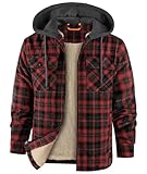 zitysport Hemdjacke Herren Hemd Sherpa Fleece Kariert Gefüttert Kapuzenjacke Fleecefutter Mantel Winterjacke mit Taschen Flanelljacke Outdoor Kariertes Männer Sweatjacke mit Kapuze(Rot Grau, 3XL)