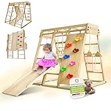 Juskys Maxi Klettergerüst für Kinder - Indoor Spielplatz mit Rutsche, Kletterwand, Kletternetz & Schaukel - Holz Kletterturm klappbar - Natur