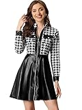 Allegra K Damen Kleid PU-Kunstleder Hahnentrittmuster Patchwork Reißverschluss Club Party A-Linie Minikleid Schwarz XL