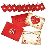 KOHMUI Adventskalender mit 24 Karten Ich Liebe Dich, Weil in 24 roten Umschlägen, Kärtchen mit 24 Zahlenaufkleber, Ein Natur Seil, 24 Holzklammern für Männer, Frauen, Paare