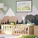 Bellabino Tapi Bett 70x140 cm, Kinderbett mit Rausfallschutz und Tür, inklusive Lattenrost, Montessori Bodenbett für Jungen und Mädchen aus Kiefer Massivholz, Natur lackiert, Bed