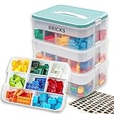 Xenia Living Sortierbox für LEGO Bausteine & Spielzeug - Stapelbare Kleinteile Aufbewahrung mit Bauplatten-Deckel - Mobiler Spielzeugkoffer mit Buchstaben Sticker & verstellbaren Fächern