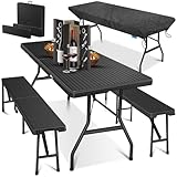 KESSER® Bierzeltgarnitur 3-teilig Set Tisch & 2x Bank | Buffettisch für drinnen & draußen Gartengarnitur klappbar 183x76x74cm Kunststoff Klapptisch Rattan-Look Gartentisch Inkl Abdeckung & Tragegriffe