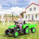 EROMMY Elektrischer Traktor mit abnehmbarem Anhänger,12V 3-Gang Kinder Aufsitztraktor mit Fernbedienung,Elektroauto für Kinder mit LED Lichtern, Musik, Hupe & USB,3-7KM/H,für Kinder ab 3 Jahren (Grün)