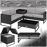 tectake® Poly Rattan Lounge Sitzgruppe, Gartenmöbel Set mit Sofa, Tisch mit Glasplatte, Auflagenbox, Outdoor Kissen wetterfest, Möbel für Garten, Balkon, Terrasse oder Wintergarten - schwarz