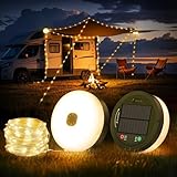 10M Camping Lichterkette Aufrollbar, Tragbare 3 in 1 Outdoor Lichterkette, Solar & USB Aufladbar Campinglampe mit 8 Beleuchtungsmodi, Wasserdicht LED Lichterkette Außen für Camping, Hof und Wandern