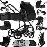 Reenborn Kinderwagen 3 in 1, Buggy mit Zwei Umkehrbaren Schiebemodi, Kinderwagen mit Rahmen Aluminiumlegierung, Babywagen 3 in 1 Komplettset mit Ein-Klick-Faltdesign Hohe Landschaft (588 Black)