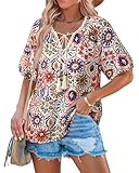Cerrlop 70er Jahre Bluse Damen: Sommerbluse Damen Bunt - Boho Oberteile Sommer - Tunika Kurzarm Boho Style - Lässige Sommer Tunika Strandurlaub