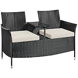 Yaheetech 2-Sitzer Polyrattan Gartenbank mit Tisch, Stabile Rattan Sitzbank 350 kg Belastbarkeit, 131×65,5×85 cm Wetterfest Balkonbank Gartenmöbel für Garten Balkon Terrasse, Schwarz-Beige