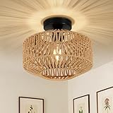 Rayofly Deckenleuchte aus Rattan Pendelleuchte Boho mit Rattanschirm im Vintage Stil Bambus, Rustic Deckenleuchte aus Rattan, für Wohnzimmer, Schlafzimmer, Küche, Flur