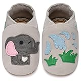 IceUnicorn Lauflernschuhe Baby Krabbelschuhe Lederschlappen Babys Jungen Mädchen Weicher Lederpuschen(Hellgrauer Elefant, 12-18 Monate)