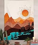 Vertikaler Wandteppich im Boho-Berg, Naturwald, Baum, See, Sonne, Wandteppich, Bohemian-Stil, minimalistisch, Mitte des Jahrhunderts, Wüstentapisserie, Wandbehang für Schlafzimmer, Studentenwohnheim,