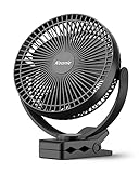 Koonie 20cm Tragbarer Clip-On-Ventilator, USB-Tischventilator mit 10.000 mAh Akku, 4 Geschwindigkeiten, Wiederaufladbarer Tischventilator für Zuhause, Büro, Kinderwagen, Camping (Schwarz)