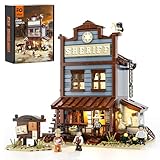 FUNWHOLE Old West Sheriff's Office Lighting Building Blocks Set - Old West Modular Building Kits 1240 Pieces Cowboy Clamping Building Blocks Wild West Toy for Adults and Teenagers