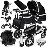 KESSER® Loops 3 in 1 Kinderwagen Kombikinderwagen Komplett-Set inkl. Babywanne & Buggy Sportsitz & Auto-Babyschale Voll-Gummireifen Wickeltasche Regenschutz Kindertisch ECE R129, Schwarz/Silber