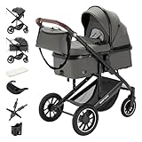 Daliya® FLEXI-PRO M 2in1 Kombikinderwagen & Buggy – XXL-Set, Reise-Kinderwagen mit Einhand-Abnahme, Wetterschutz, Sportsitz, Wickeltasche, Spieltisch, Regenschutz, dicke Matratze (Grau-Grün)