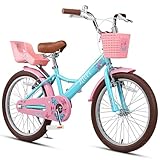 Glerc Sasha 20 Zoll Kinderfahrrad für 7-, 8-, 9-, 10- und 11- und 12-jährige Mädchen im Retro-Vintage-Stil Kinderfahrräder mit Puppenfahrradsitz & Stützrädern & Ständer Blau