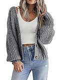 Hotouch Damen Strickjacke Solid Langarm Strickcardigan V-Ausschnitt Knopfleiste Jacke Lässig Weich Dunkelgrau Kurz Cardigan L