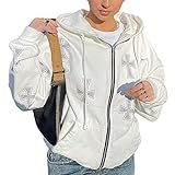 Damen Zip Up Hoodie Y2k Aesthetic Cross Strass Kapuzenpullover Oversized Sweatshirts Jacke E-Girl 90er Vintage Streetwear (Weiß, M)