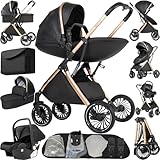Reenborn Kinderwagen 4 in 1, Buggy mit Zwei Umkehrbaren Schiebemodi, Kinderwagen mit Rahmen Aluminiumlegierung, Buggy 4 in 1 Komplettset mit Ein-Klick-Faltdesign Hohe Landschaft (688 Black)