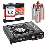 Gaskocher 1-flammig mit Piezozündung, Campingkocher für Gaskartuschen MSF-1a 227 g, Camping Herd mit Tragekoffer - Ideal für Outdoor (1-flammiger Gaskocher + 4 Gaskartuschen)