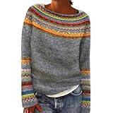 Norweger Pullover Damen Winter Warm Kaschmir Pullover Winterpullover Elegant Rundhals Langarm Bunte Strickpullover Casual mit Aufdruck Gestrickte Pulli Mode Bequem Oversize Wollpullover Fleecepullover