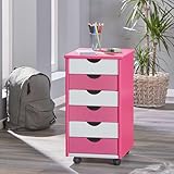 Inter Link – Rollcontainer – Rollcontainer mit 6 Schubladen – Bürocontainer - Rollschrank – Rollwagen – Schubladenkommode - Massiv Kieferholz – Rosa/Weiß – BxTxH: 35x39x66 cm