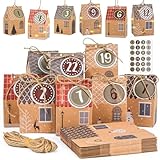 ARTESTAR Adventskalender zum Befüllen:Adventskalender 24 Häuser zum Aufhängen oder Aufstellen mit Zahlenaufkleber，Weihnachtskalender DIY Bastelset,Schachteln zum Befüllen für Weihnachten