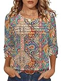 IECCP Blusen & Tuniken für Damen Langarm Tops Elegant Rundhals mit Falten Oberteile Casual Locker Tunika Herbst Langarmshirt Bunt Blumen M