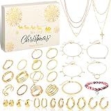 Adventskalender Schmuck 2024 Damen Weihnachtskalender 24 Halskette Armband Ringe Ohrringe Überraschungen Geschenke Frauen Ehefrau Mutter (Gold A)