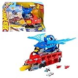 Hot Wheels City Spielzeugauto-Trackset, ultimativer 2-in-1 Drachentransporter und 2 Die-Cast-Autos, großer Drache und Abnehmbarer Drache, mit Platz für mehr als 20 Fahrzeuge, JKJ79