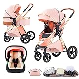 BEBBY 3-in-1 Kinderwagen KombiKinderwagen-Set 2-in-1 Buggy faltbar Luxus Hochlandschaft Neugeborenes Tragbarer Kinderwagen Zusammenklappbarer Kinderwagen Kinderwagen Travel System (Pink)