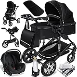 KESSER® Loops 3 in 1 Kinderwagen Kombikinderwagen Komplett-Set inkl. Babywanne & Buggy Sportsitz & Auto-Babyschale Voll-Gummireifen Wickeltasche Regenschutz Kindertisch ECE R129 Schwarz/Schwarz