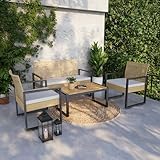 casa.pro Gartenmöbelset Calciano 4-TLG. Balkonmöbel Tisch mit Bank und 2 Stühlen Outdoor Sitzgarnitur Polsterkissen Lounge Möbel Rattan-Optik wetterfest